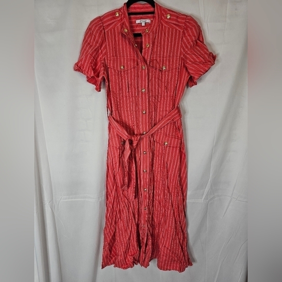 10 Crosby Derek Lam size 4 striped button-down midi dress red linen utility NWOT - Picture 1 of 6